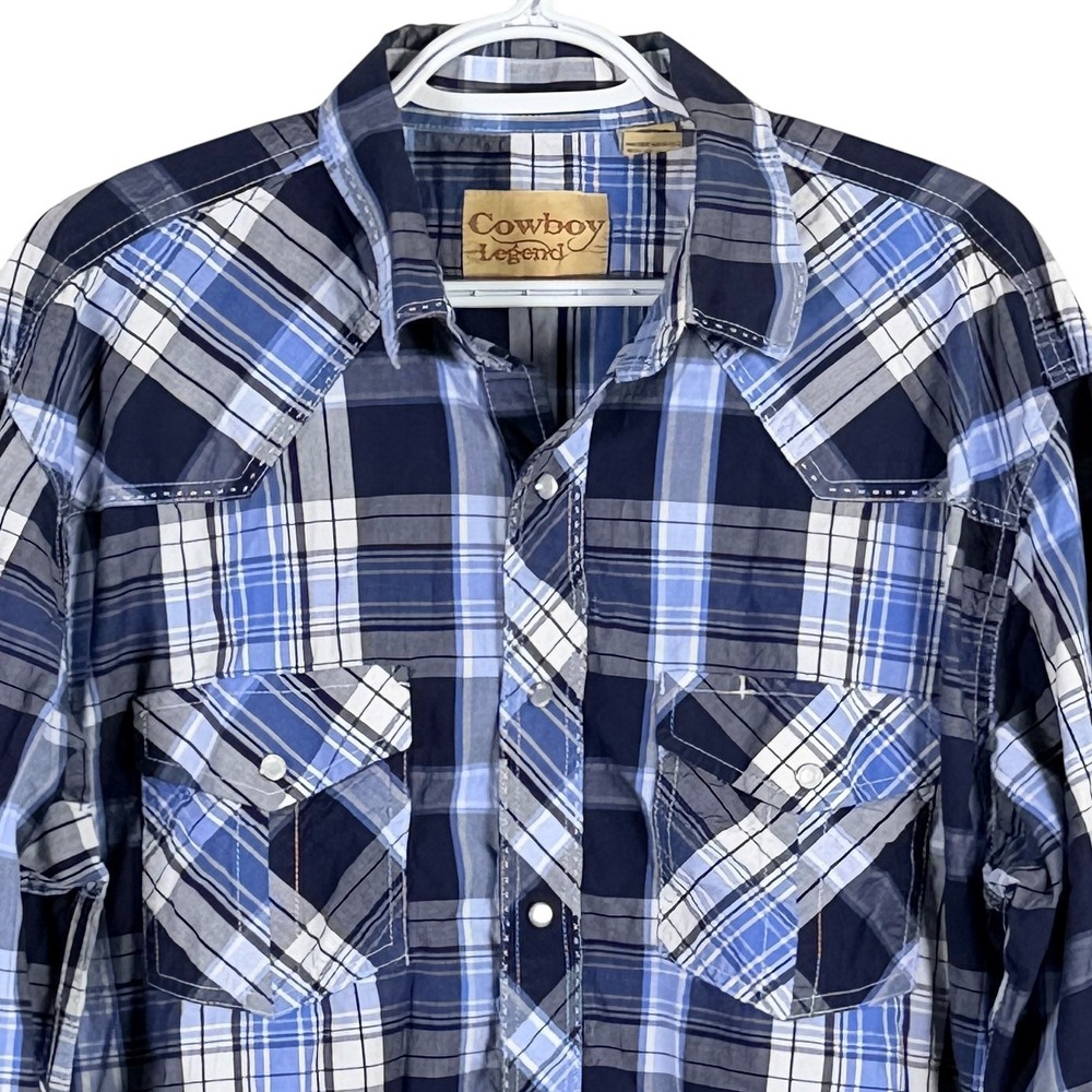 Cowboy Legend Pearl Snap Western Shirt Mens XL Blue Plaid Long Sleeve Cotton